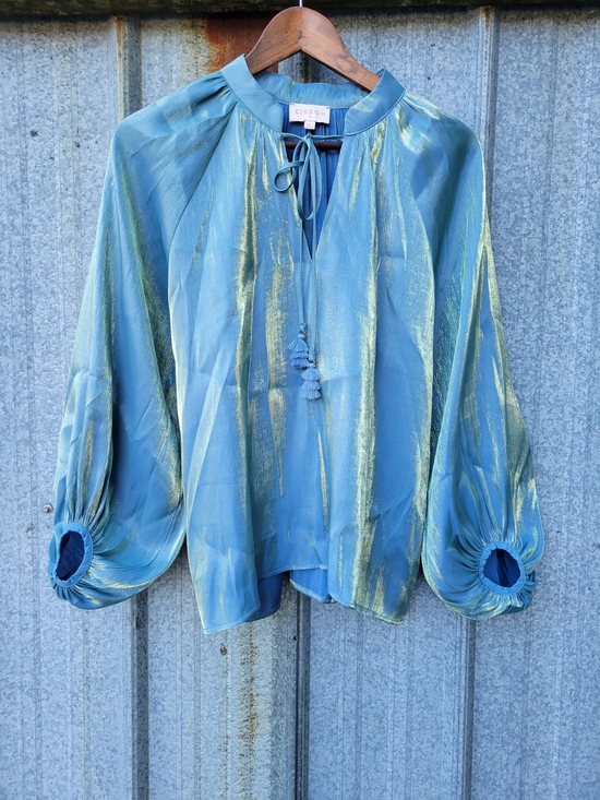 Ciebon Tops - Ciebon Teal Blouse with Metallic Gold Sheen and Tassel Tie